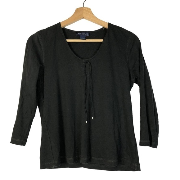 Ann Taylor Black Tie Neck 3/4 Long Sleeve Y2K Top M - Picture 1 of 3